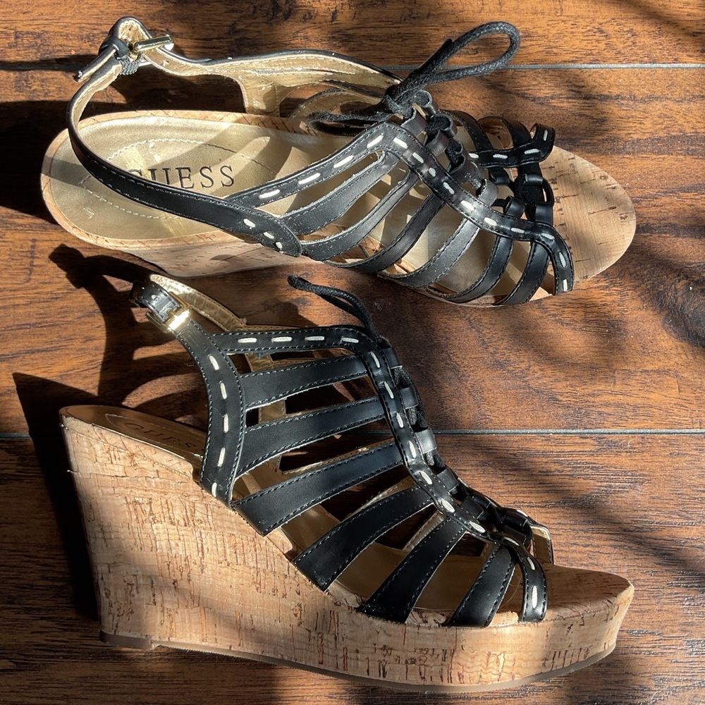 Guess Black and Tan Wedge Sandals with Strappy Design